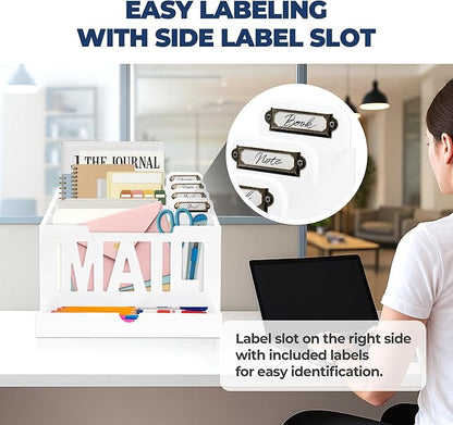 Mail Organizer Countertop – White Holder for Desk with 4 Slots, Drawer & Label Tags, Decorative Desktop Sorter, Envelope Tray for Home Office Organization (11x7x9.5 in)