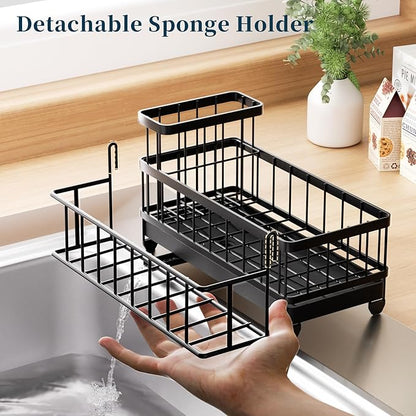 Consuemst Sponge Holder for Kitchen Sink - Auto Draining Sink Caddy Organizer with Detachable Rack, High Brush Holder, Kitchen Countertop Storage Accessories, Black