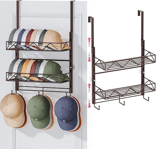 SWTYMIKI Over Door Hat Organizer - 3 Tier Wall Mounted Hat Rack with 2 Adjustable Metal Basket and 3 Hooks, Hanging Baseball Cap Organizer Storage Holds up to 29 Caps for Door, Bedroom, Closet