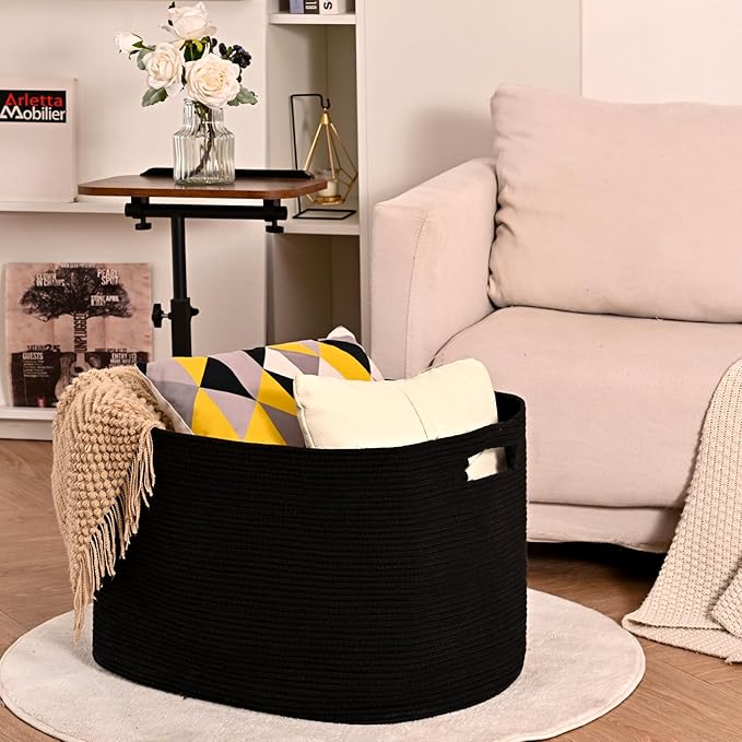 Large Black Blanket Basket, Storage Baskets for Blankets, Woven Baskets for Storage, Woven Cotton Rope Basket for Toys, Clothes, Shoes, Books, Black, 25”x16”x16” (105L)