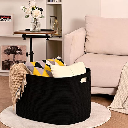 Large Black Blanket Basket, Storage Baskets for Blankets, Woven Baskets for Storage, Woven Cotton Rope Basket for Toys, Clothes, Shoes, Books, Black, 25”x16”x16” (105L)
