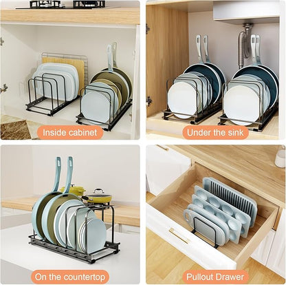 Cutting Board Organizer Rack, 1-Pack Adjustable Bakeware Organizer Holder for Cabinet Countertop, 7 Slots Metal Rack Cookie Baking Sheet, Pot Pan Lids Divider Kitchen Organization Storage, Black