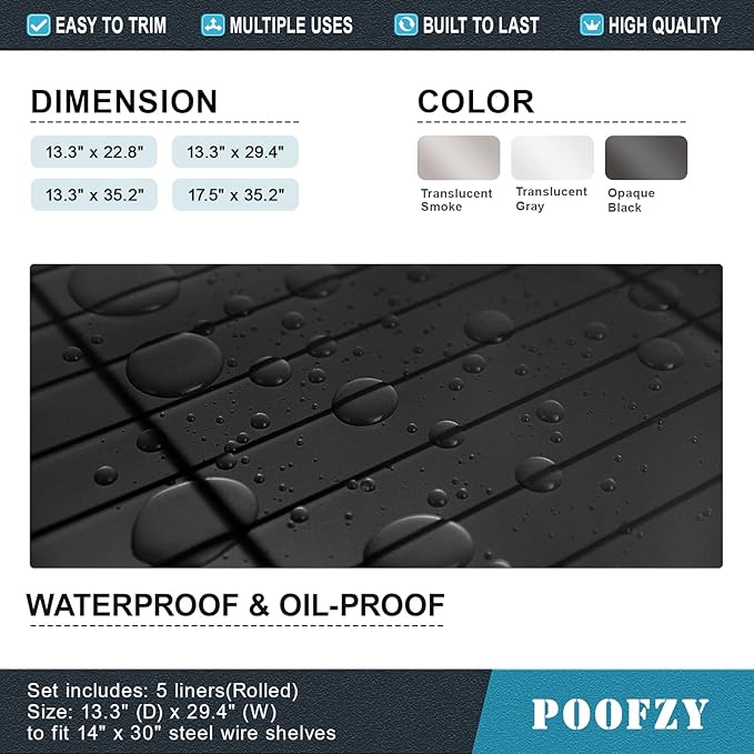 Poofzy Wire Shelf Liner 14 x 36, Set of 5 Shelf Liners for Wire Shelving Plastic Non-Adhesive for Pantry, Kitchen Cabinets (Black)