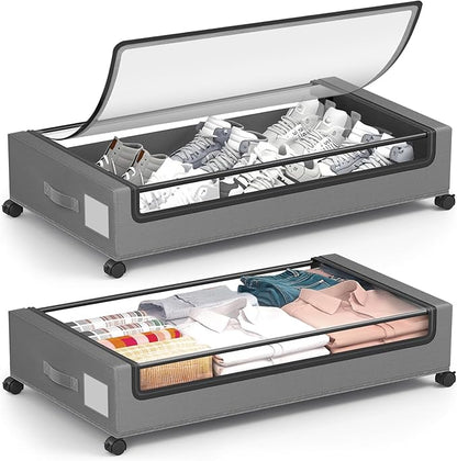 Under Bed Storage Containers with Wheels - Foldable Organizer Bins for Blankets, Clothes, Shoes, Toys, and Comforters.Capacity, Space Saving, Easy Pull Out, Clear PVC (Gray-2)