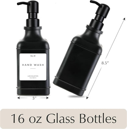 Emerson Essentials Soap Dispenser, Dish Soap Dispenser, Soap Dispenser Bathroom Set, Hand Soap Dispenser, Kitchen Soap Dispenser Set, Glass Soap Dispenser with Pump and Labels | 16 Oz, 2-Pack