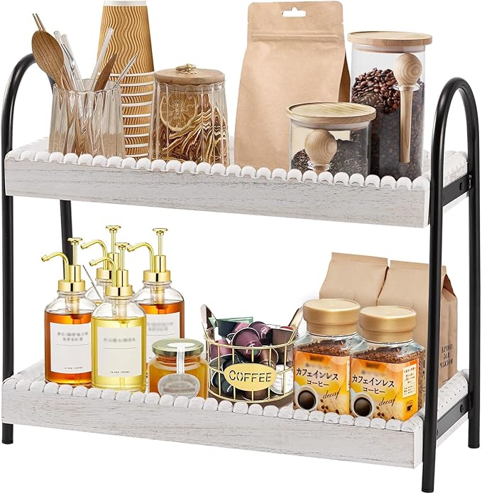2 Tier Coffee Bar Organizer, Wood Coffee Bar Accessories Shelf for Countertop, Rustic Coffee Station Organizer Decor Stand Rack for Mugs Cups Syrup, Condiment Storage Holder for Kitchen, Home, Office