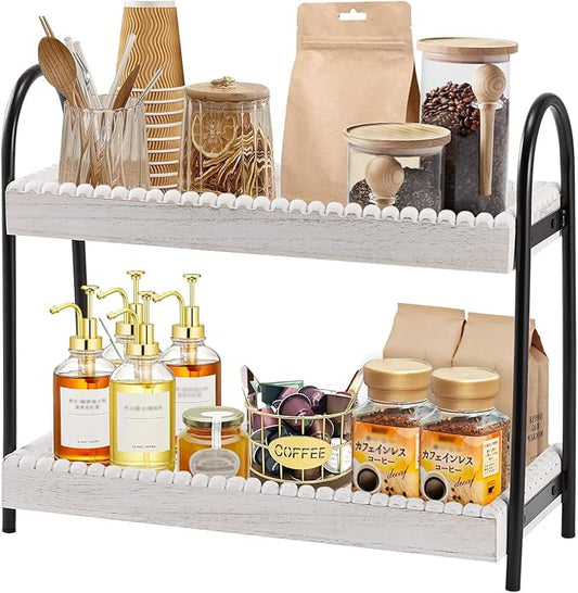 2 Tier Coffee Bar Organizer, Wood Coffee Bar Accessories Shelf for Countertop, Rustic Coffee Station Organizer Decor Stand Rack for Mugs Cups Syrup, Condiment Storage Holder for Kitchen, Home, Office