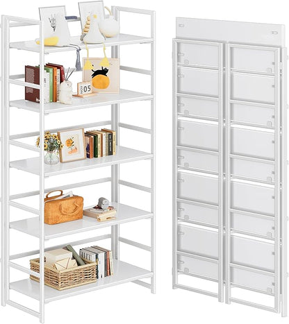 4NM No Assembly 5 Tiers Collapsible Book Shelves, 51.2" H Folding Bookshelf Bookcase Open Industrial Foldable Shelves for Bedroom, Living Room, Home Office - All White
