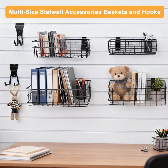 12Pack Slatwall Organizer Kit with 4PCs Slatwall Baskets (10.5 to 13.5 inches), and 8PCs Slat Wall Hooks Heavy Duty, Slatwall Accessory for Garage, Retail Display and Home Storage