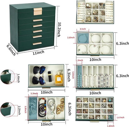 BOOVO Jewelry Box with Necklace Hanger – 6 layer Jewelry Organizer for Women with 5 Drawers, Large Jewelry Storage Boxes –Jewelry Organizers and Storage for Earrings, Necklaces (Green, 6 layer)