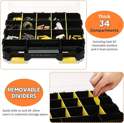 Small Parts Organizer 2 Pack | Storage Case Tools Box 34-Compartments Double Side Organizer Box with Removable Dividers for Small Hardware, Screws, Bolts, Nuts, Nails, Beads (Yellow)
