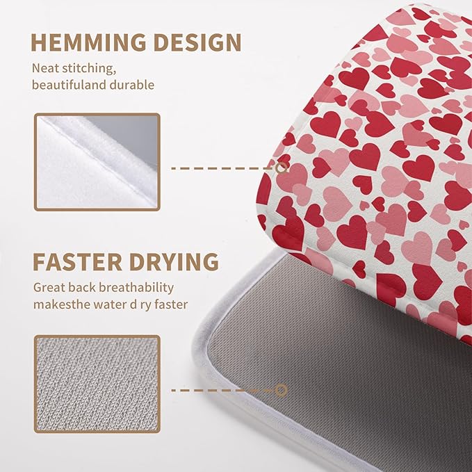 Wnoesat Valentines Dish Drying Mat Pink Red Love Hearts Valentine Drying Mats for Kitchen Counter Absorbent Microfiber Reversible Dish Draining Mat Medium Dishes Pad 16 X 18 Inch