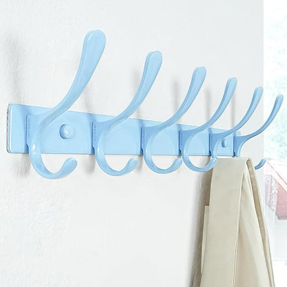 SKOLOO Heavy Duty Wall Mounted Coat Rack - 6 Hooks, Stainless Steel, Pack of 2, Sturdy Coat Hooks for Hanging Clothes, Jacket, Hat, Blue