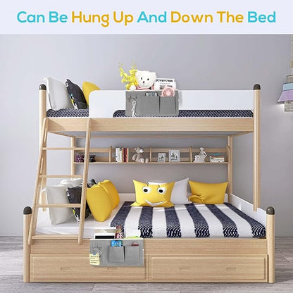 Kanrichu 3pcs Bedside Caddy Hanging Storage Bag, Water Cup Holders, Organizer Baskets with Pockets for Bunk Bed Shelf, Hospital Beds, Loft & Dorm Rooms Accessories (Bedside bag-Grey)