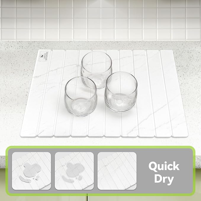 Large Stone Dish Drying Mats for Kitchen Counter - 24"(L)×16"(W) Quick Dry Collapsible Dish Drying Mat for Dishes Bottles Cups, Eco-friendly Diatomaceous Earth Absorbent Mat for Any Countertop Marble