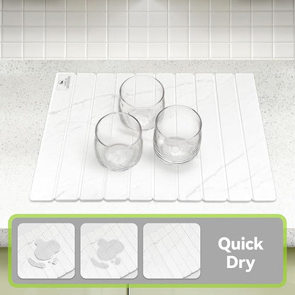Large Stone Dish Drying Mats for Kitchen Counter - 24"(L)×16"(W) Quick Dry Collapsible Dish Drying Mat for Dishes Bottles Cups, Eco-friendly Diatomaceous Earth Absorbent Mat for Any Countertop Marble