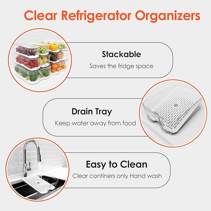 SMRCAD Fridge Organizers and Storage, 10 Pack Clear Freezer Organizer Bins with Lids for Kitchen, Pantry, Refrigerator, Food, Fruit, Vegetable Storage