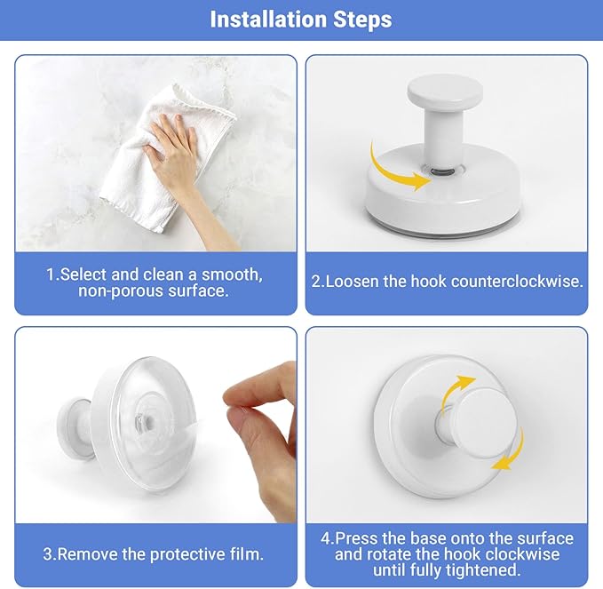 Season 2 Season Suction Cup Hooks for Shower, 4 Pcs Stainless Steel Wall Shower Hooks for Bathroom Kitchen, Glass, Mirror,White
