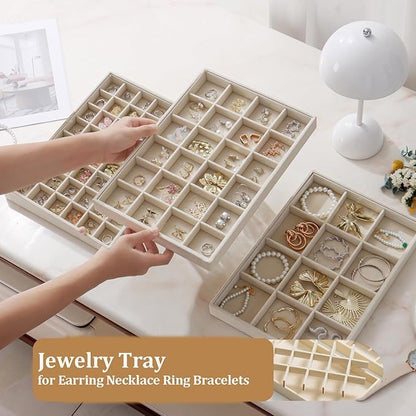 KATISYIO Large Jewelry Drawer Organizer Trays Set of 4, Stackable Velvet Jewelry Trays Organizer Holder Display Storage Showcase for Earring Necklace Bracelet Ring Accessary (Beige, 12+12+24+48 Grids)