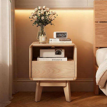 NKGIAG Solid Wood Nightstand, Mid-Century Modern Night Stand with Drawer & Open Shelf, Compact Bedside Tables for Bedroom, Office, Small Spaces, Light Natural Finish, Pre-Assembled