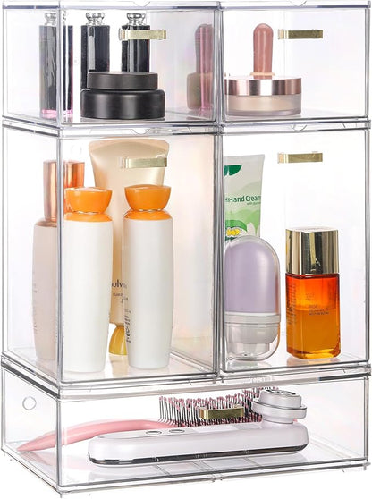 Set of 5 Stackable Storage Drawers, Clear Acrylic Organizer Bins for Beauty Supplies, Perfect for Makeup Vanity, Undersink, Kitchen, Cabinet,Pantry Organization and Storage