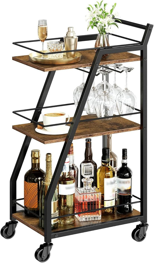 Bar Cart, Bar Cart for The Home, Small Bar Cart on Wheels, Beverage Cart, Home Bar Serving Cart with Glass Holder, Drink Cart for Bar, Kitchen, Rustic Brown and Black BC03BR