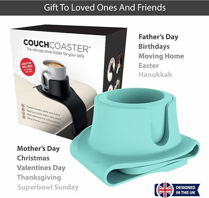 HIT PRODUCTS CouchCoaster® - Armrest Couch Cup Holder in Limited Edition Soft Teal - A Weighted, Silicone, Anti Slip Coaster Stops Spills On Your Sofa, Armchair Or Recliner & Keeps Drinks in Reach