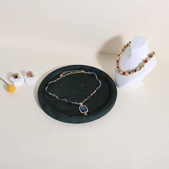 GemeShou Round Jewelry Organizer Plate, Top Microfiber Velvet Jewelry Display Tray, Empty Jewelry Showcase Tray for Necklaces, Bracelets, Rings, Earrings (Green-Large, 9.8 x 9.8 in)
