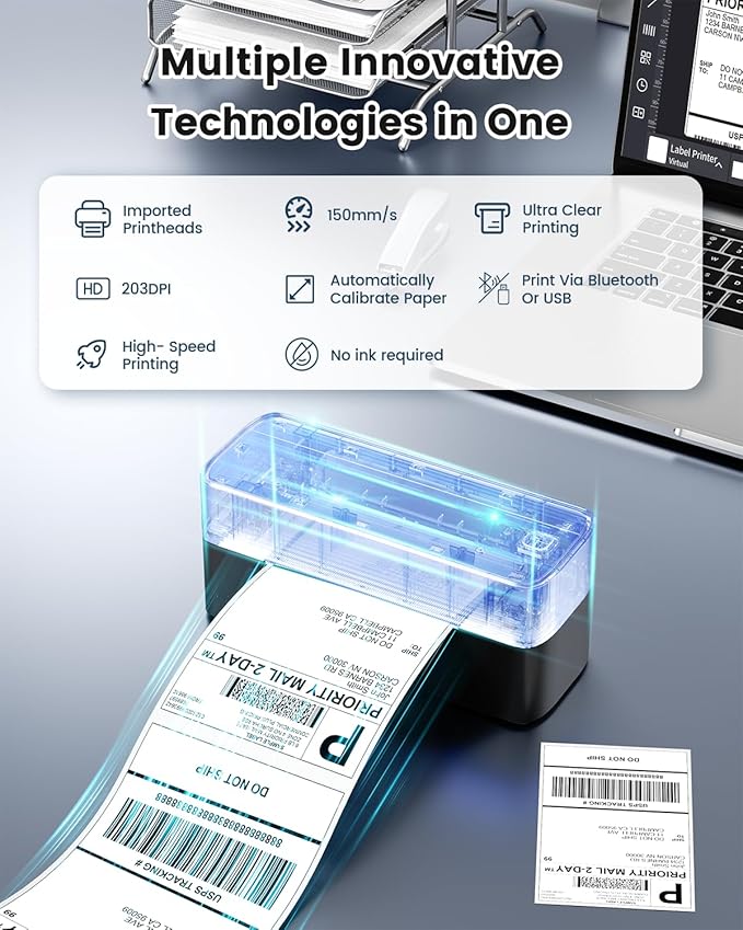Phomemo Bluetooth Shipping Label Printer, 241BT 4X6 Wireless Thermal Label Printer for Small Business, Labels Printers for Shipping Package, Compatible with iPhone, Android, Amazon, Shopify, Black