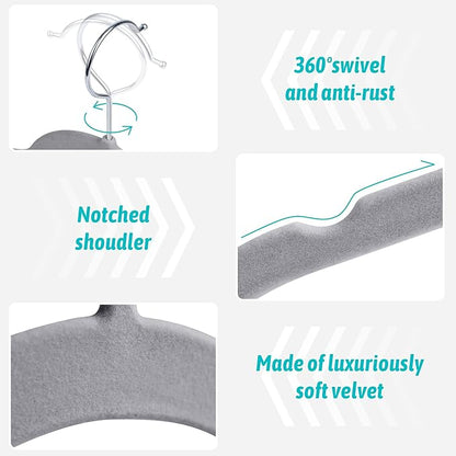 Sishynio Premium Velvet Shirt Hangers 50 Pack, Space-Saving Non-Slip Felt Hanger with 360° Swivel Hook, Slim Flocked Hangers for Strappy Dresses, Blouses, Tank Tops(Grey)