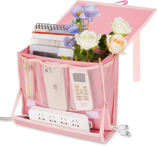 Retyion Bedside Caddy Bedside Storage Organizer Bedside Organizer with Power Strip Holder and 2 Adjustable Straps for Home Bunk Bed Dorm Sofa (Pink)