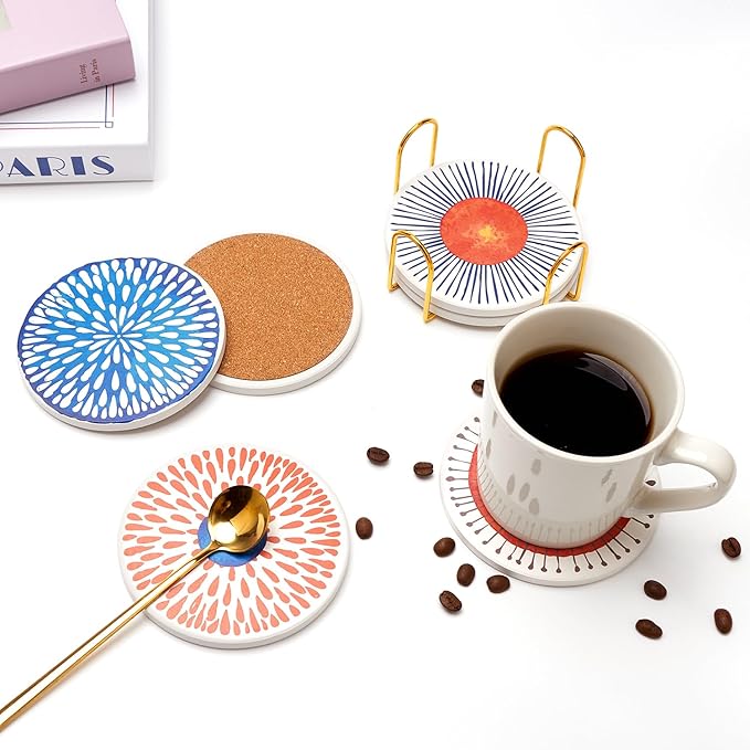 Funny Ceramic Absorbent Coaster Set of 6 Mid Century Coasters for Drinks Fun Boho Coffee Table Decor Cool Desk Coasters with Holder Unique Kitchen Accessories Outdoor Beach Cute Stone Cup Coaster