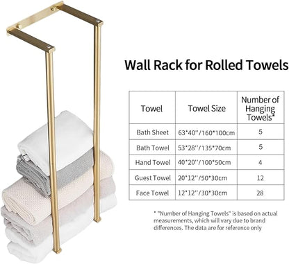 Towel Racks for Bathroom, NEWRAIN Stainless Steel Rolled Towel Storage Wall Mounted Bath Towel Holder for Folded Large Towel Washcloths, Bathroom Organizing Brushed Gold