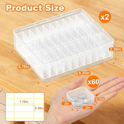 2 Pack 60 Pcs Bead Organizer Box, Clear Plastic Storage Containers Features Hinged Lid and Labels, Craft Storage Box for Jewelry, Diamonds, Clay Beads, Bracelets, Screws, Seeds, Small Parts