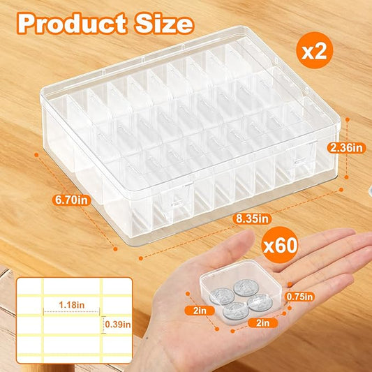 2 Pack 60 Pcs Bead Organizer Box, Clear Plastic Storage Containers Features Hinged Lid and Labels, Craft Storage Box for Jewelry, Diamonds, Clay Beads, Bracelets, Screws, Seeds, Small Parts