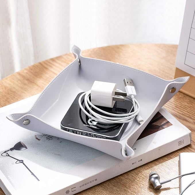 SANQIANWAN Leather Jewelry Valet Tray for Women and Man, Entryway Table Bedside Nightstand Desk Portable Small Catchall Travel Dish Plate for Key,Wallet,Watch,Coin(Grey White-B)