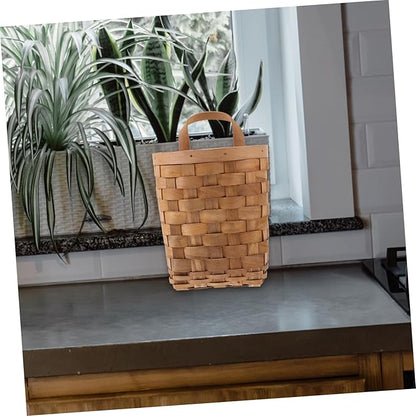 Natural Wood Hanging Basket Organizer for Kitchen and Wall Storage Woven Basket with Handle for Household Items Rustic Wall Decor Multi Purpose Hanging Storage Bin