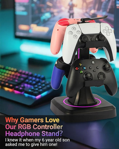 Controller Headset Stand with 10 Color Light Modes - RGB Headphone Holder for PS5, Xbox, Switch - Gaming Room Decor, Desk Organizer for Gamers