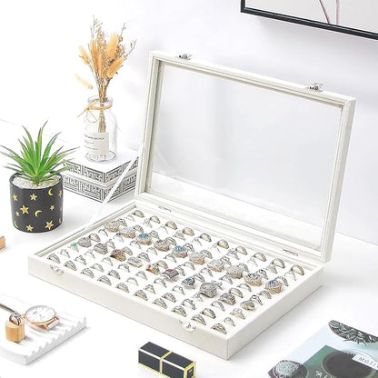 Ring Display Case, Jewelry Organizer Box, Earring Holder for Girls, Velvet Display Tray (Beige, 100 Slots)