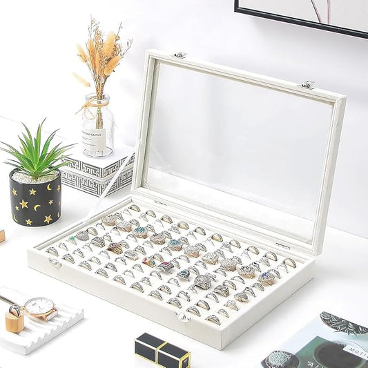 Ring Display Case, Jewelry Organizer Box, Earring Holder for Girls, Velvet Display Tray (Beige, 100 Slots)