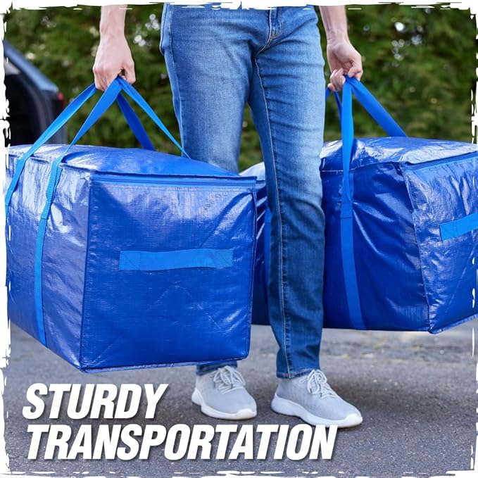 RUGGED RHINO 6 Pack Heavy Duty Extra Large Blue Moving Bags, Durable Bag with Strong Handles and Zipper, Moving Boxes Alternative for College Packing, Holiday Décor, Space Saving Storage with Label