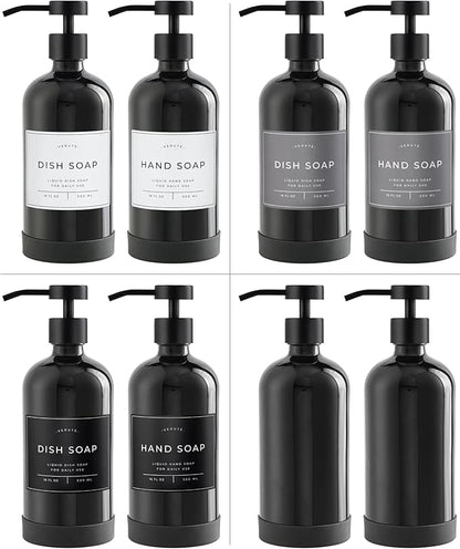 Hand and Dish Soap Dispenser for Kitchen and Bathroom, Set of 2 16 Oz Glass Bottles, Stainless Steel Pumps, Non-Slip Silicone Base, 27 Waterproof Labels (Gloss Black Bottle/Black Pump)