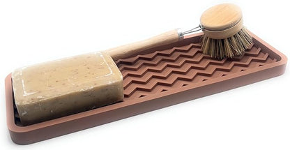 Happitasa Silicone Kitchen Sink Organizer Tray, Sponge Holder and Countertop Protector | Bathroom and Kitchen Soap Dish and Dispenser Tray (Mocha, 12" x 4", 9.2 Ounces, Zigzag)