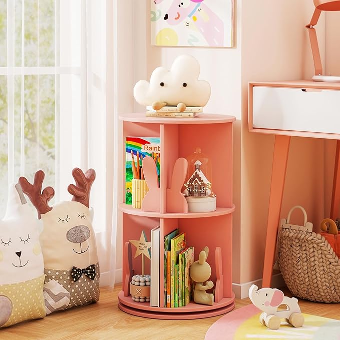 HONEY JOY Kids Rotating Bookshelf, Wooden Spinning Small Corner Organizer w/Baffles, 360°Display Standing Toddler Bookshelf, Narrow Storage Rack, Montessori Book Shelf for Nursery, Playroom (Pink)