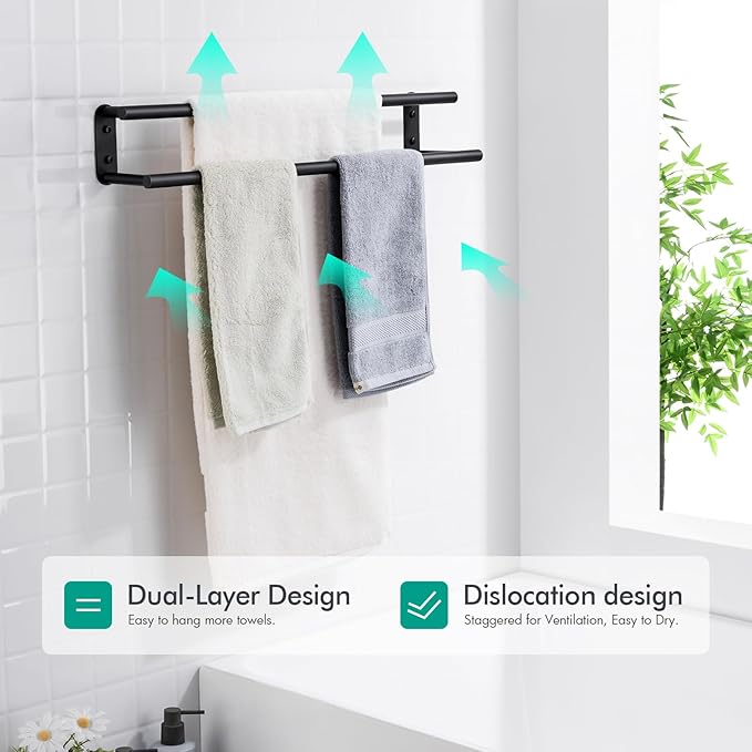 BAGNOLUX Double Towel Bar, SUS304 Towel Racks for Bathroom Wall Mounted 2-Tiers Ladder Towel Rails, Space Saving Bathroom Towel Holder Shelves Rack, Long Towel Hanger (16“-Round-Matte Black)