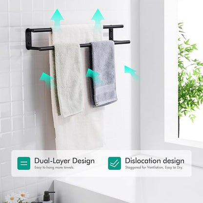 BAGNOLUX Double Towel Bar, SUS304 Towel Racks for Bathroom Wall Mounted 2-Tiers Ladder Towel Rails, Space Saving Bathroom Towel Holder Shelves Rack, Long Towel Hanger (16“-Round-Matte Black)