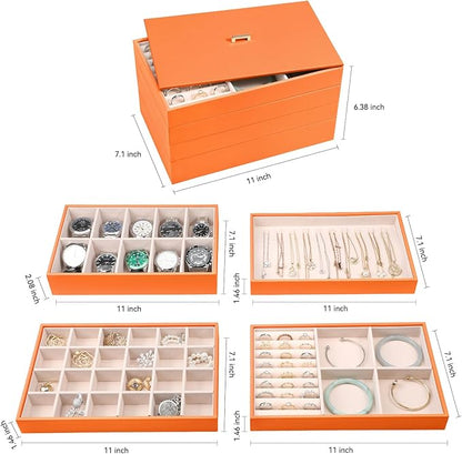 Voova Stackable Jewelry Organizer Tray with Lid, PU Leather Jewelry Storage Holder for Drawer Inserts, Jewellery Display Box Case for Earring Necklace Ring Watch Bracelet (Set of 4, Orange)