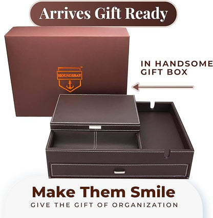 Mens Watch Box Leather Valet Tray - Bedside Table Organizer, Men's Jewelry Box, Watch Case for Men with Large Smartphone Charging Station - Jewelry Box for Men with Valet Box and Nightstand Organizer