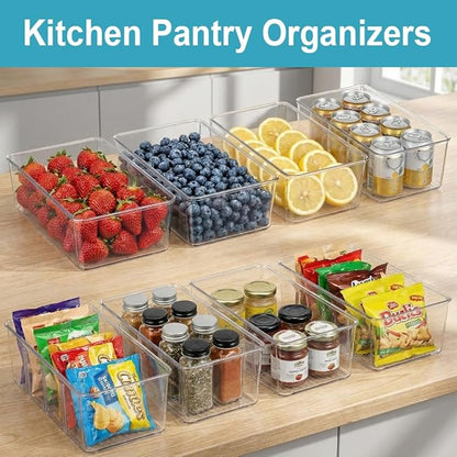 Set of 8 Pantry Organizers,2 Kinds Size Clear Plastic Organizer Bins for Kitchen,Fridge,Drawer Organization and Storage,3 compartment Snack Containers for Spice Packets,Tea bag