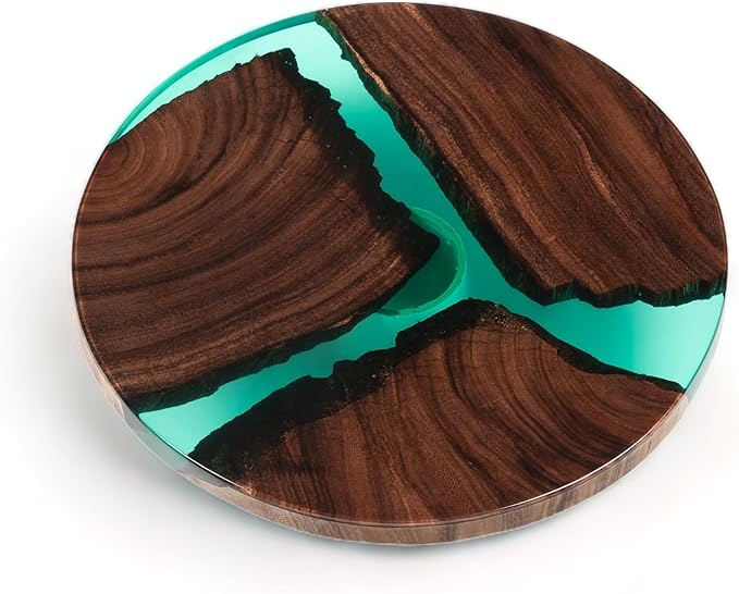 Handmade Reversible 16" Wood and Epoxy Resin Lazy Susan, Turntable for Kitchen Countertop, Rotating Display Stand, Organizer and Storage for Dining Table, Cup Board, Home Decor (Clear Green)